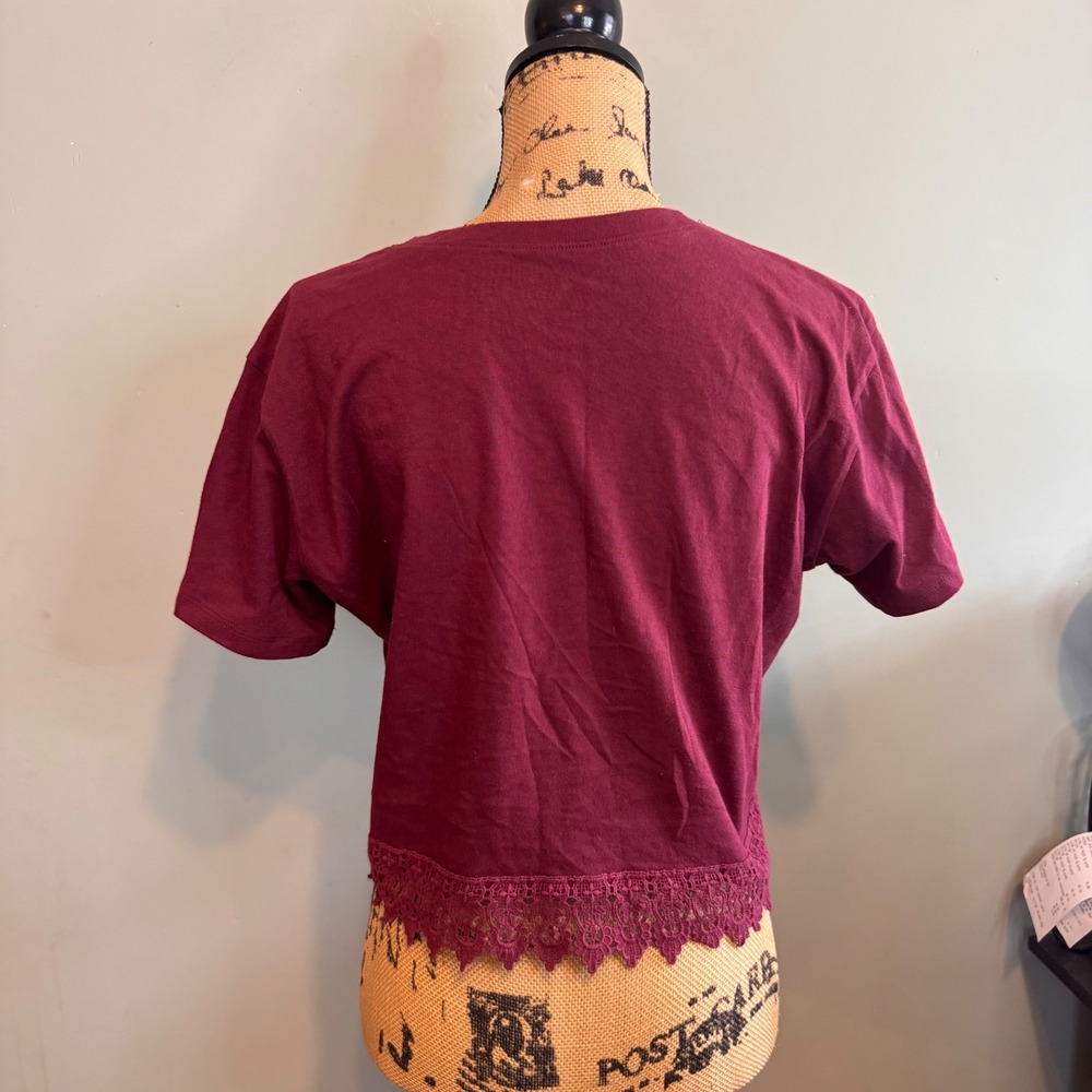 Hollister Burgundy Lace Trim Crop Top Short Sleeve Crew Neck Maroon Womens M - Picture 2 of 4